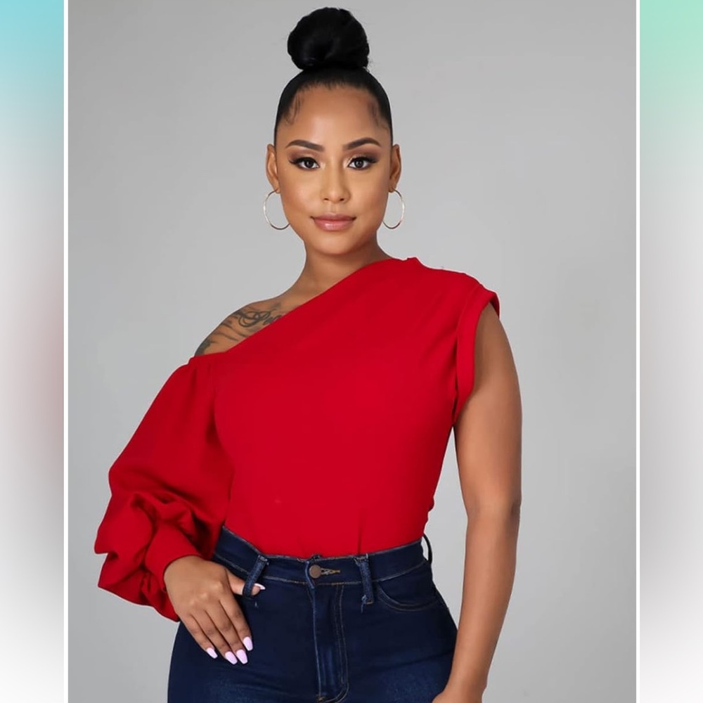 New Chic sexy One-Shoulder Red Blouse bodycon high low asymmetrical